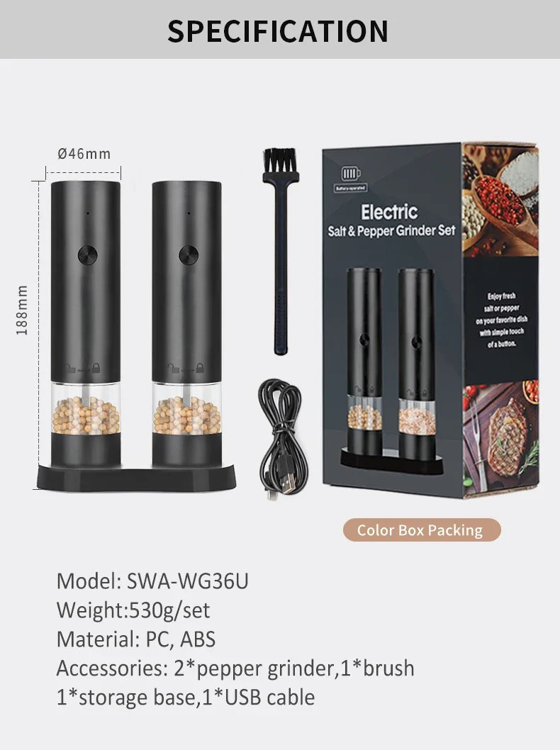 Adjustable Electric Salt & Pepper Grinder - USB Rechargeable