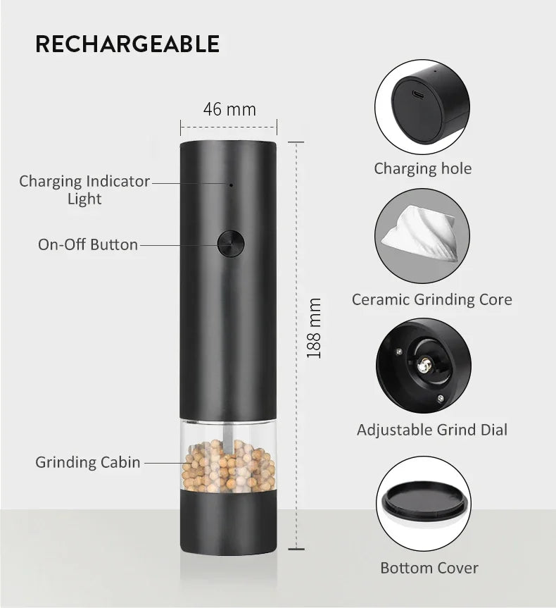 Adjustable Electric Salt & Pepper Grinder - USB Rechargeable