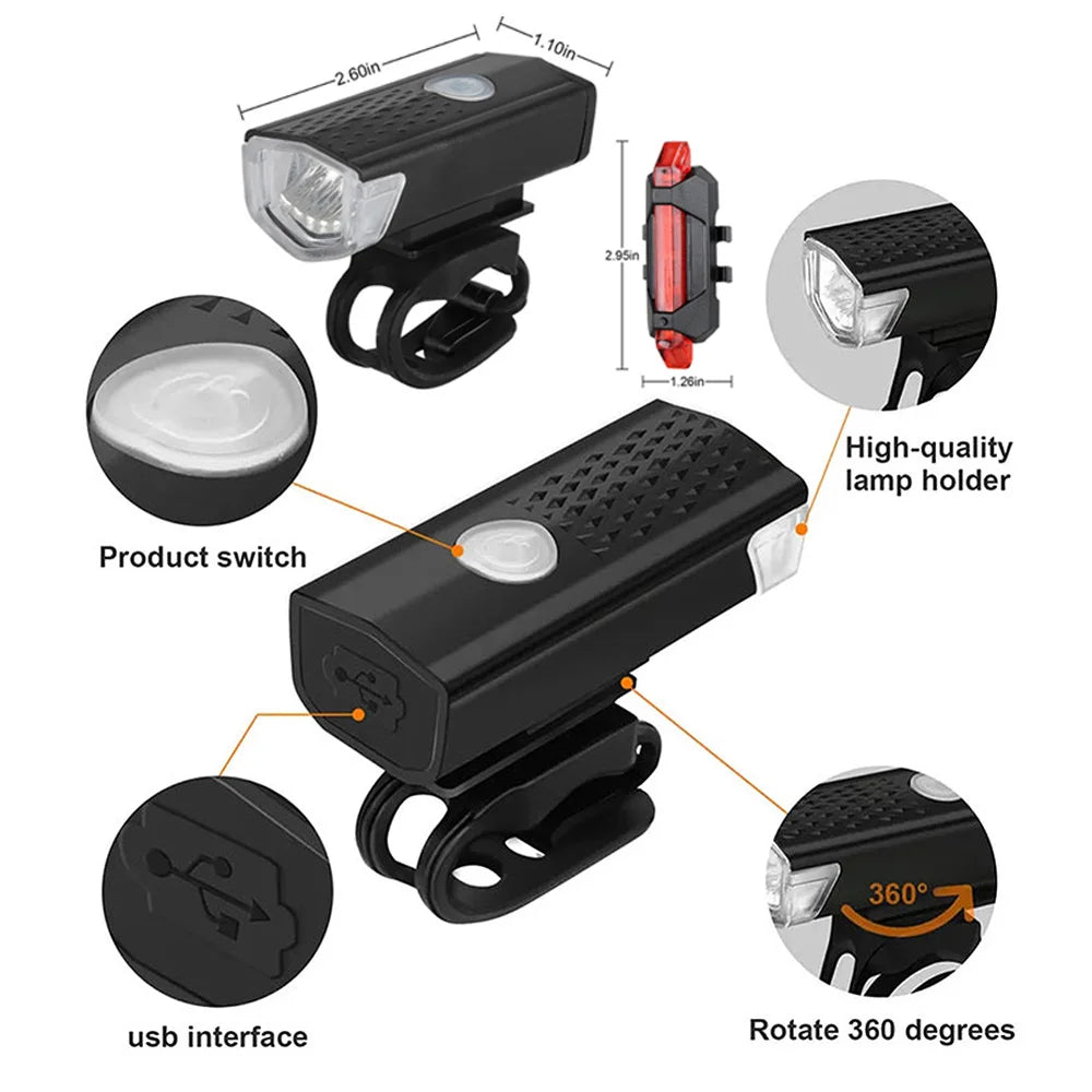 USB Rechargeable Front and Rear, Bike Light Set.