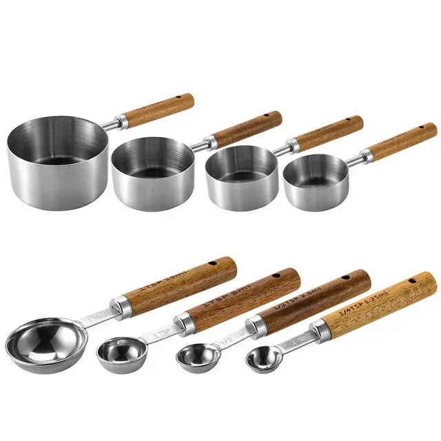 Stainless Steel Wooden Handle Measuring Cups/Spoon Set