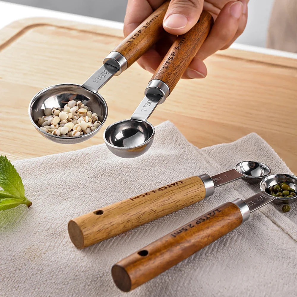 Stainless Steel Wooden Handle Measuring Cups/Spoon Set