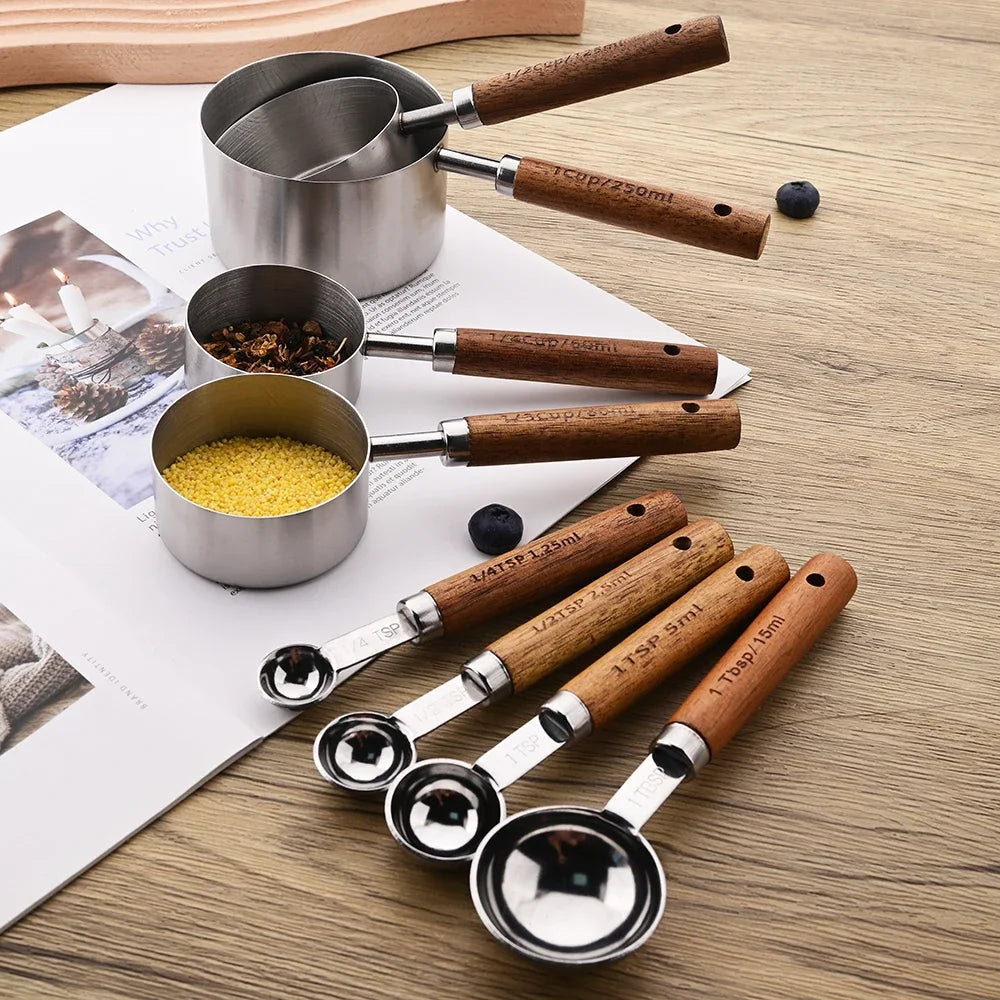 Stainless Steel Wooden Handle Measuring Cups/Spoon Set