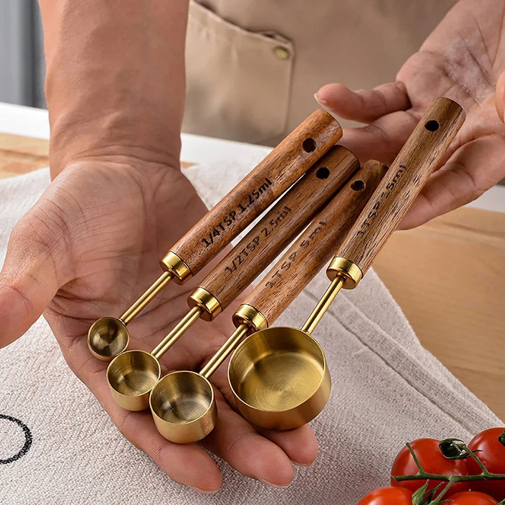 Stainless Steel Wooden Handle Measuring Cups/Spoon Set