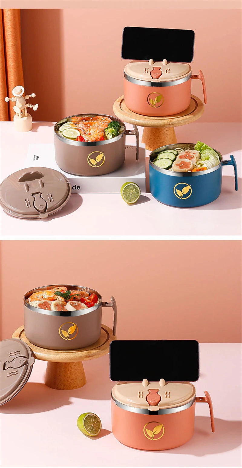 Stainless Steel Double-Layer Noodle Bowl with Lid