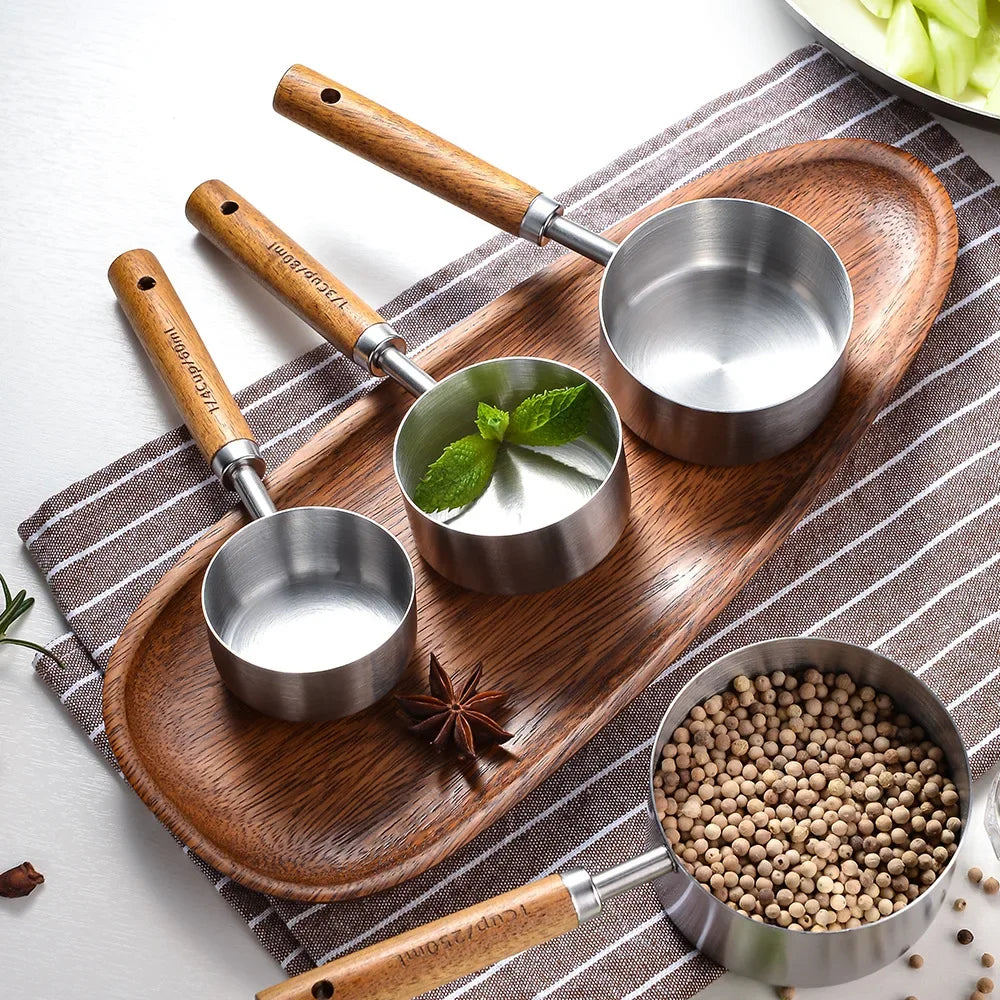 Stainless Steel Wooden Handle Measuring Cups/Spoon Set
